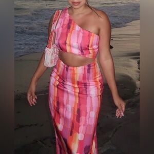 Lulus Luminous Vibes Hot Pink Abstract One-Shoulder Cutout Midi Dress